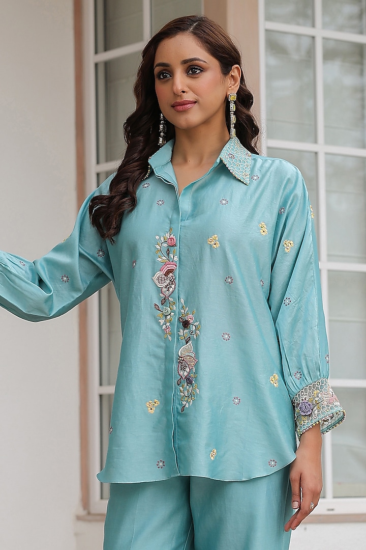 Blue Silk Tencel 3D Floral Embroidered Co-Ord Set by Niti Bothra at Pernia's Pop Up Shop