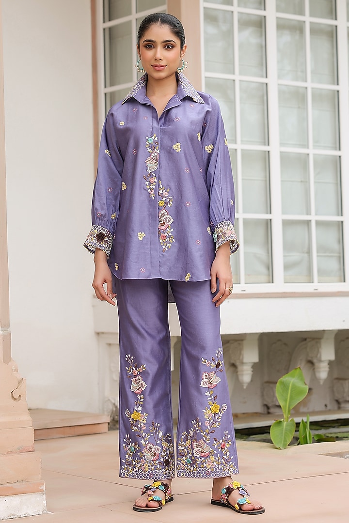 Lilac Silk Tencel 3D Floral Embroidered Co-Ord Set by Niti Bothra at Pernia's Pop Up Shop