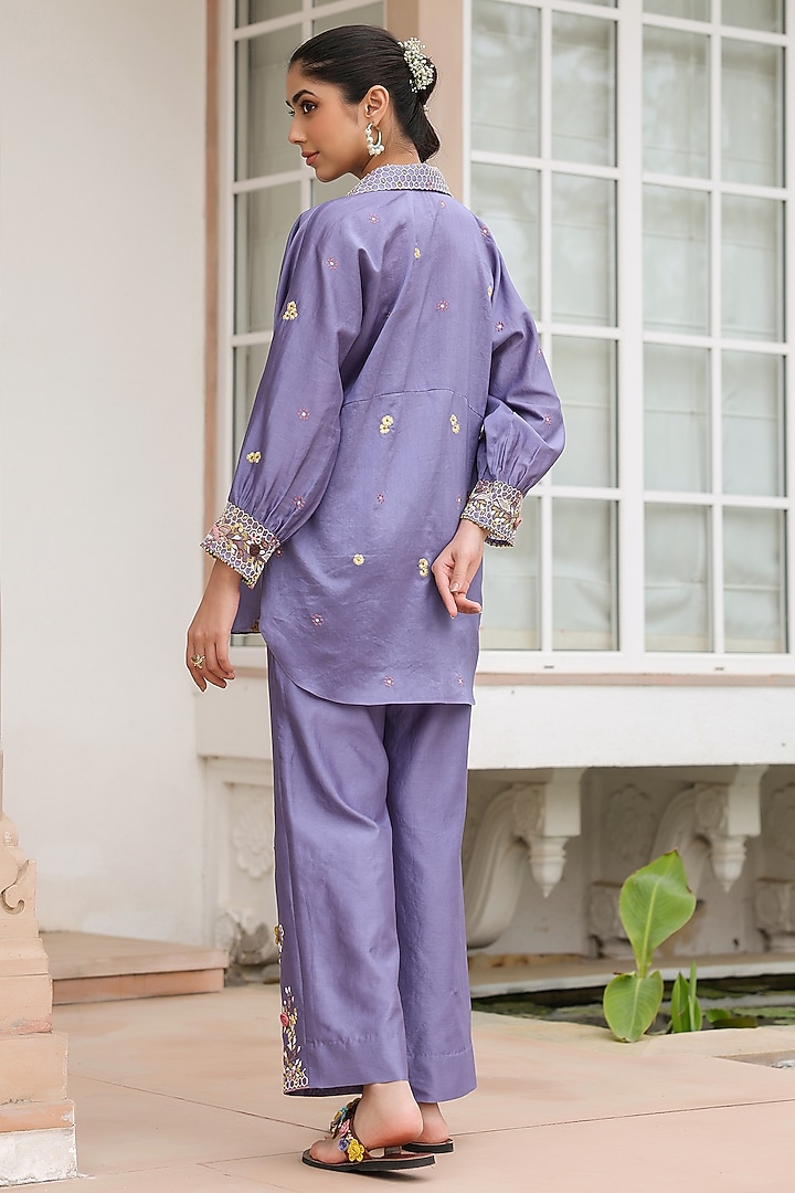 Lilac Silk Tencel 3D Floral Embroidered Co-Ord Set by Niti Bothra at Pernia's Pop Up Shop
