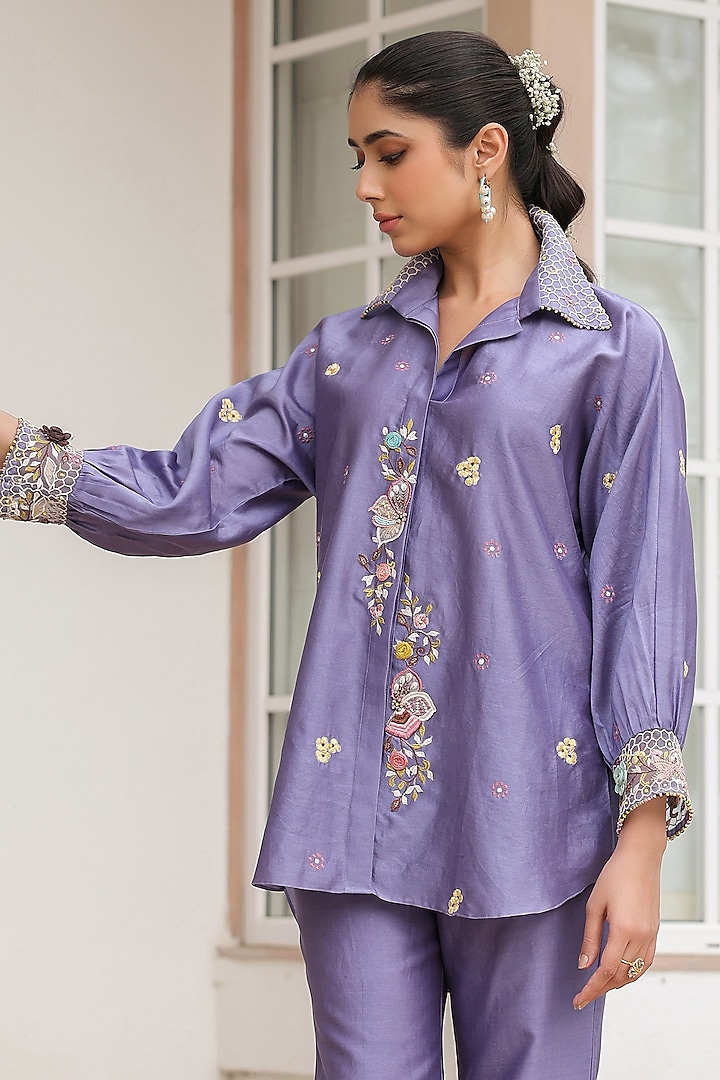 Lilac Silk Tencel 3D Floral Embroidered Co-Ord Set by Niti Bothra at Pernia's Pop Up Shop