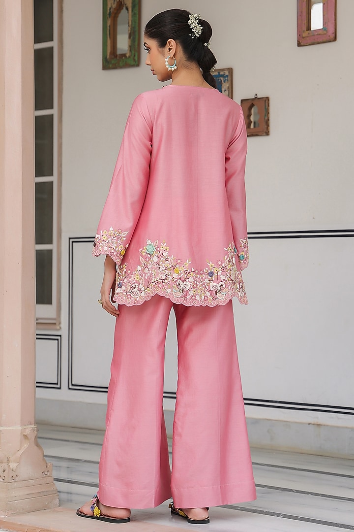 Pink Silk Tencel 3D Floral Embroidered Co-Ord Set by Niti Bothra at Pernia's Pop Up Shop