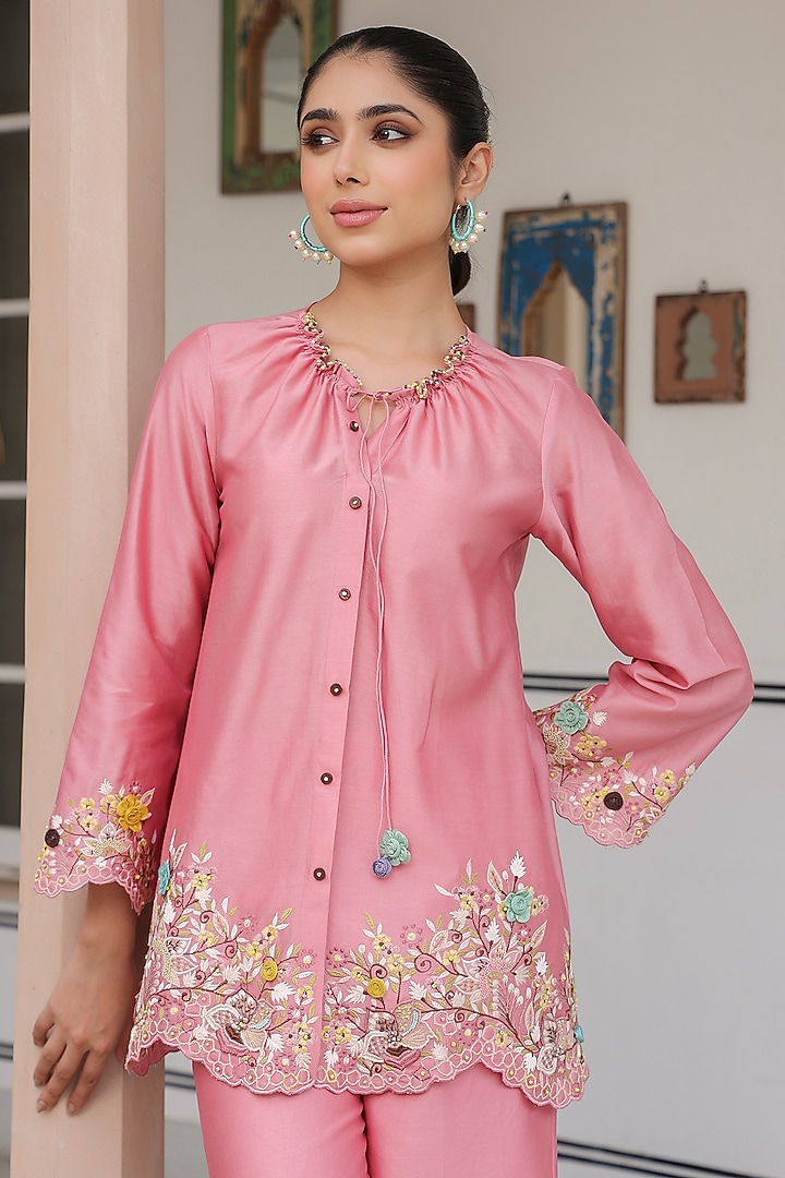 Pink Silk Tencel 3D Floral Embroidered Co-Ord Set by Niti Bothra at Pernia's Pop Up Shop