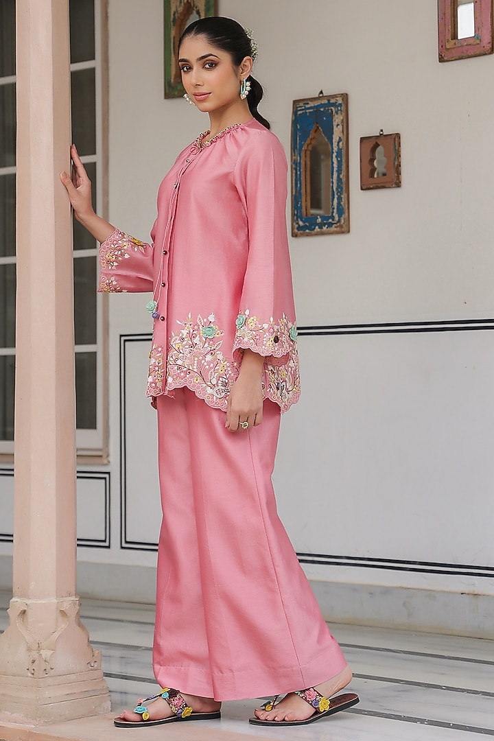Pink Silk Tencel 3D Floral Embroidered Co-Ord Set by Niti Bothra at Pernia's Pop Up Shop
