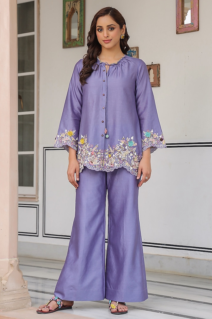Lilac Silk Tencel 3D Floral Embroidered Co-Ord Set by Niti Bothra at Pernia's Pop Up Shop