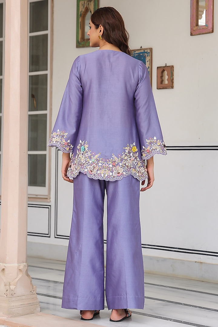 Lilac Silk Tencel 3D Floral Embroidered Co-Ord Set by Niti Bothra at Pernia's Pop Up Shop