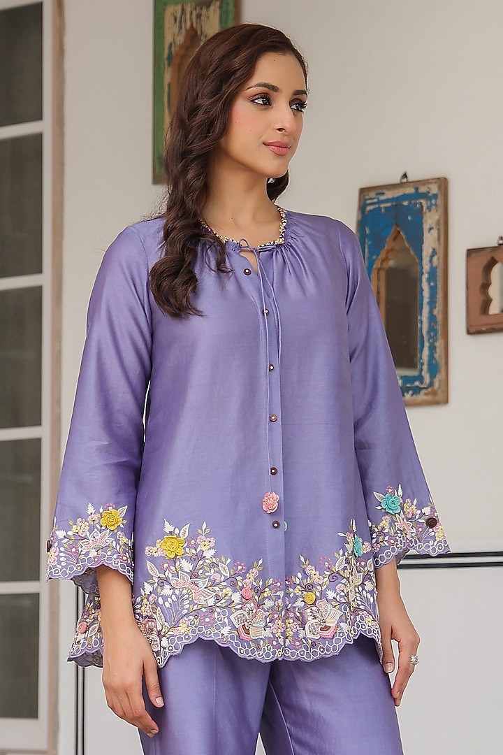 Lilac Silk Tencel 3D Floral Embroidered Co-Ord Set by Niti Bothra at Pernia's Pop Up Shop