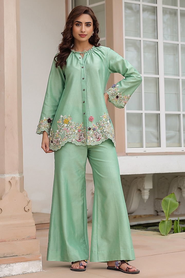 Green Silk Tencel 3D Floral Embroidered Co-Ord Set by Niti Bothra at Pernia's Pop Up Shop