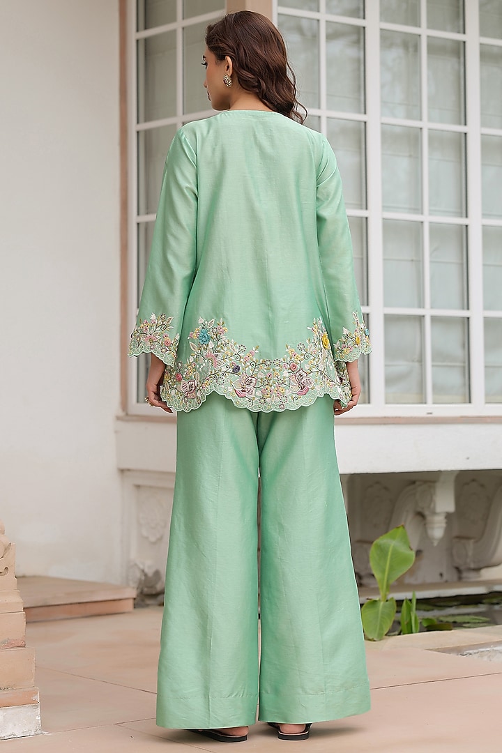 Green Silk Tencel 3D Floral Embroidered Co-Ord Set by Niti Bothra at Pernia's Pop Up Shop