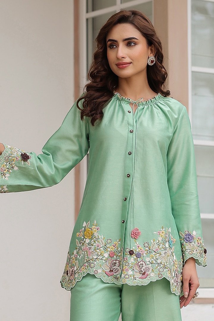 Green Silk Tencel 3D Floral Embroidered Co-Ord Set by Niti Bothra at Pernia's Pop Up Shop