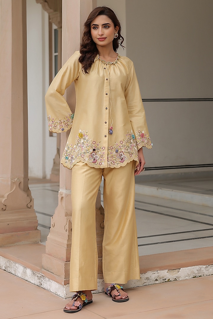 Ivory Silk Tencel Floral Embroidered Co-Ord Set by Niti Bothra at Pernia's Pop Up Shop