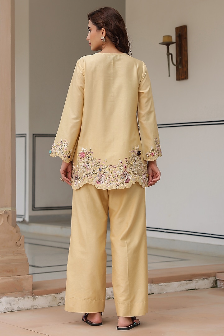 Ivory Silk Tencel Floral Embroidered Co-Ord Set by Niti Bothra at Pernia's Pop Up Shop