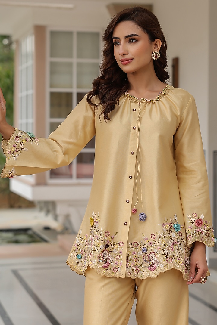 Ivory Silk Tencel Floral Embroidered Co-Ord Set by Niti Bothra at Pernia's Pop Up Shop