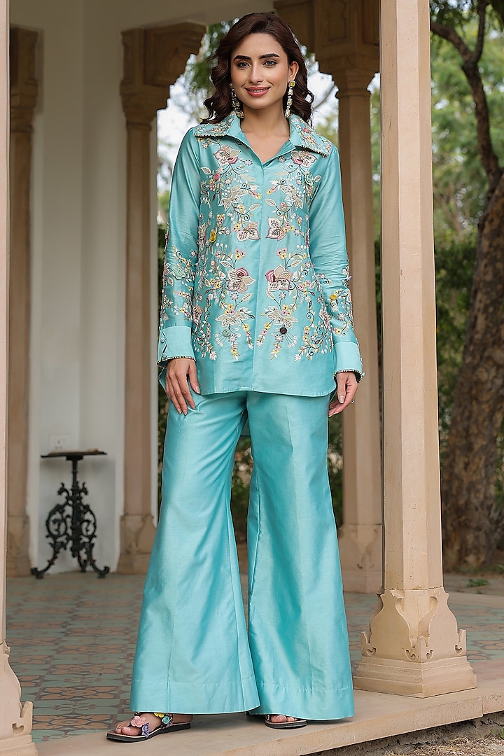 Blue Silk Tencel 3D Floral Embroidered Co-Ord Set by Niti Bothra at Pernia's Pop Up Shop