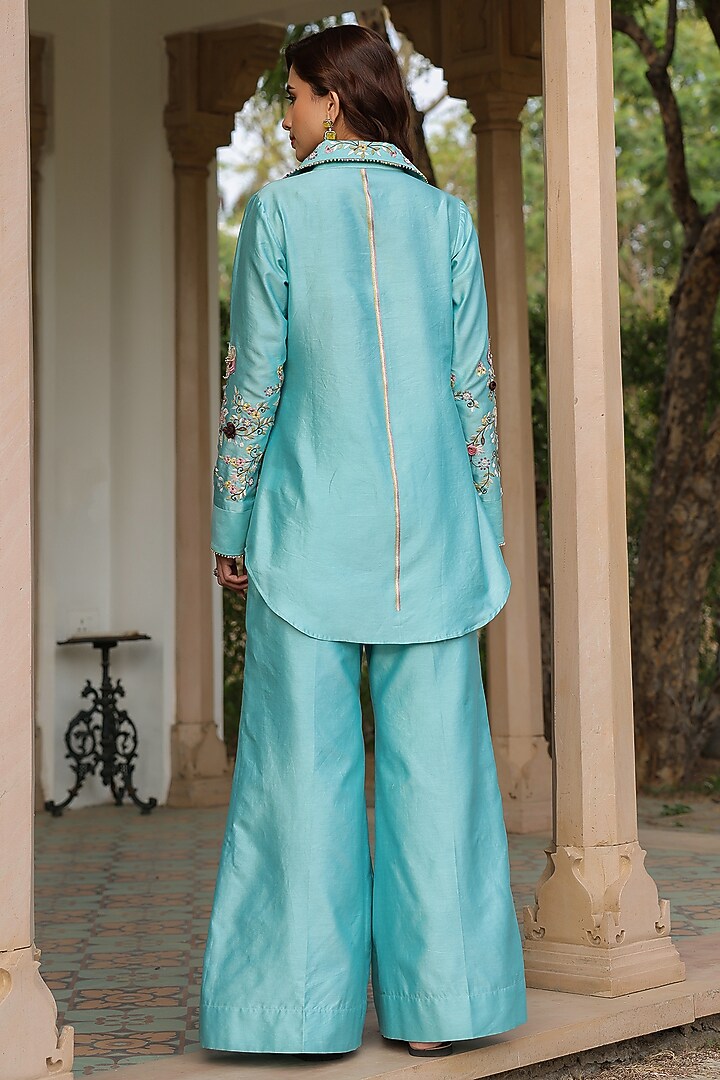 Blue Silk Tencel 3D Floral Embroidered Co-Ord Set by Niti Bothra at Pernia's Pop Up Shop