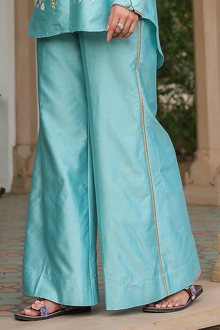 Blue Silk Tencel 3D Floral Embroidered Co-Ord Set by Niti Bothra at Pernia's Pop Up Shop