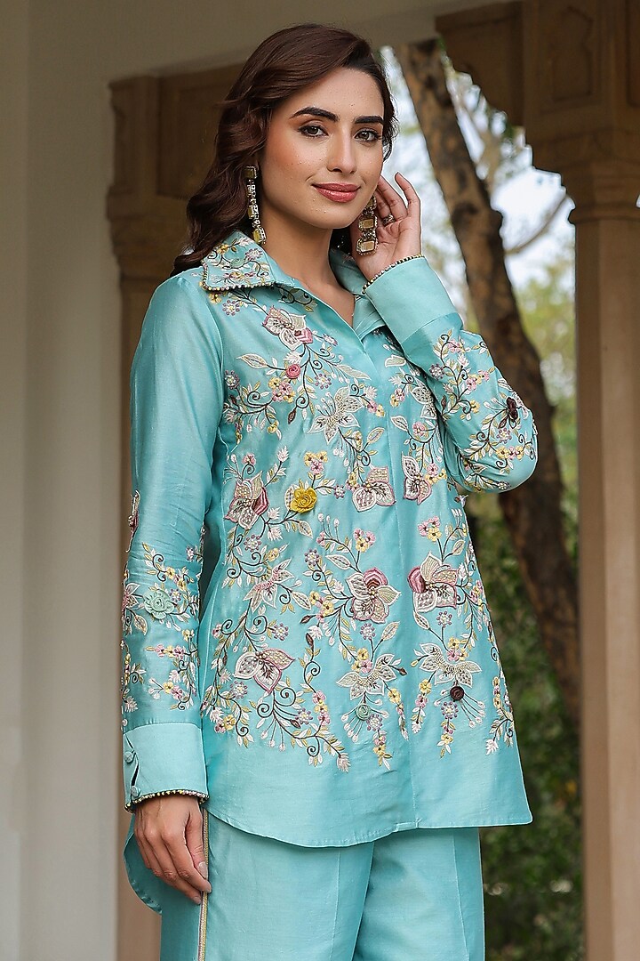 Blue Silk Tencel 3D Floral Embroidered Co-Ord Set by Niti Bothra at Pernia's Pop Up Shop