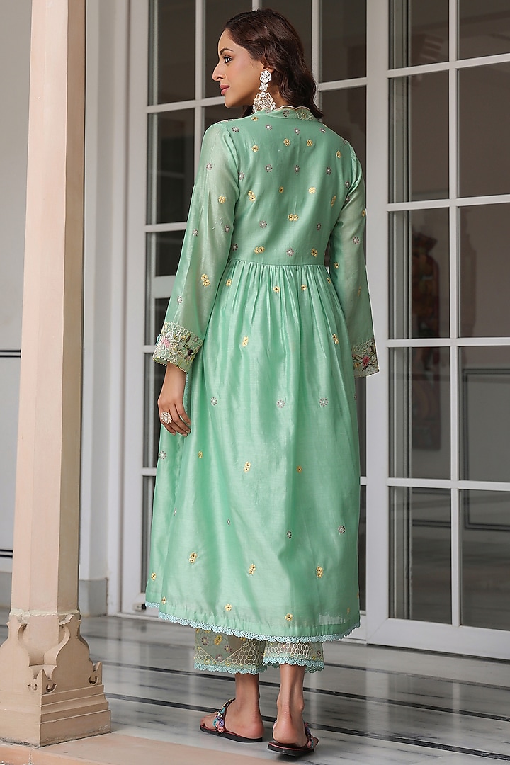 Green Silk Chanderi 3D Floral Embroidered Kurta Set by Niti Bothra at Pernia's Pop Up Shop
