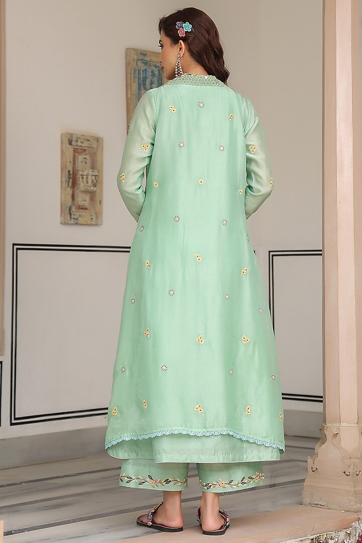 Green Silk Chanderi 3D Floral Embroidered Jacket Kurta Set by Niti Bothra at Pernia's Pop Up Shop