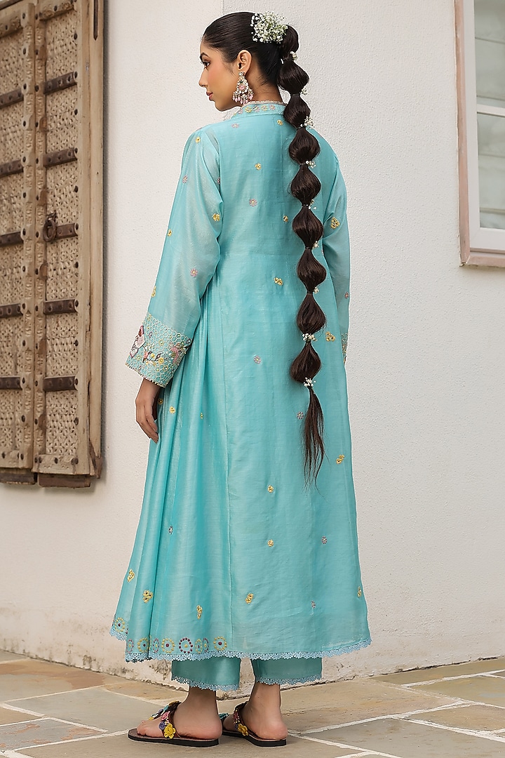 Blue Silk Chanderi 3D Floral Embroidered Kalidar Kurta Set by Niti Bothra at Pernia's Pop Up Shop