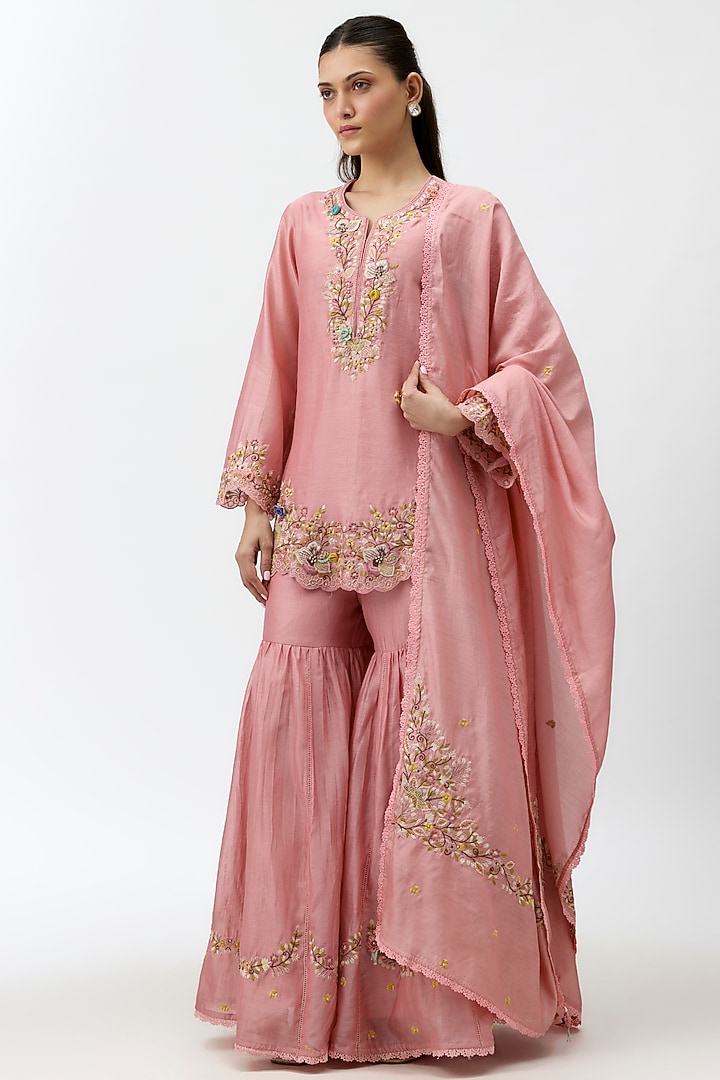 Pink Silk Chanderi Embroidered Wedding Sharara Set by Niti Bothra at Pernia's Pop Up Shop