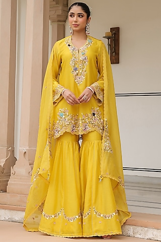 Yellow Silk Chanderi Beads Embroidered Sharara Set by Niti Bothra