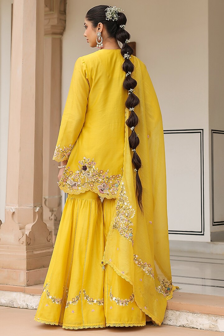 Yellow Silk Chanderi Beads Embroidered Wedding Sharara Set by Niti Bothra at Pernia's Pop Up Shop