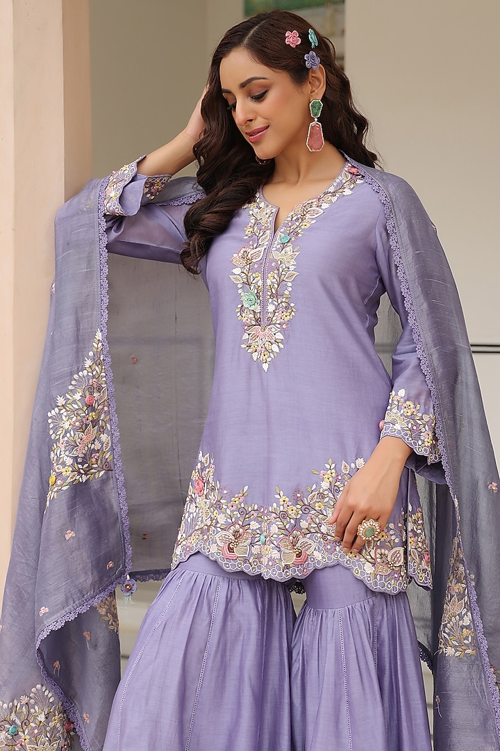 Lilac Silk Chanderi Beads Embroidered Wedding Sharara Set by Niti Bothra at Pernia's Pop Up Shop