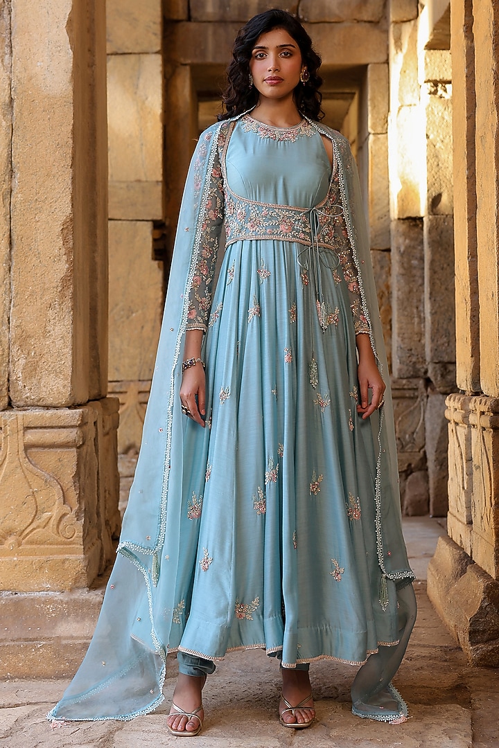 Light Blue Silk Modal Silk Zardosi Embroidered Koti Bridal Anarkali Set by Niti Bothra at Pernia's Pop Up Shop