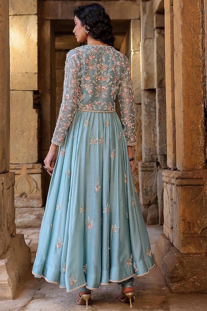 Light Blue Silk Modal Silk Zardosi Embroidered Koti Bridal Anarkali Set by Niti Bothra at Pernia's Pop Up Shop