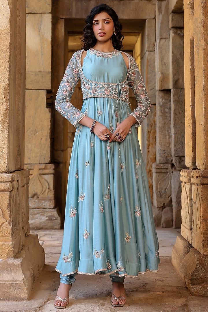 Light Blue Silk Modal Silk Zardosi Embroidered Koti Bridal Anarkali Set by Niti Bothra at Pernia's Pop Up Shop