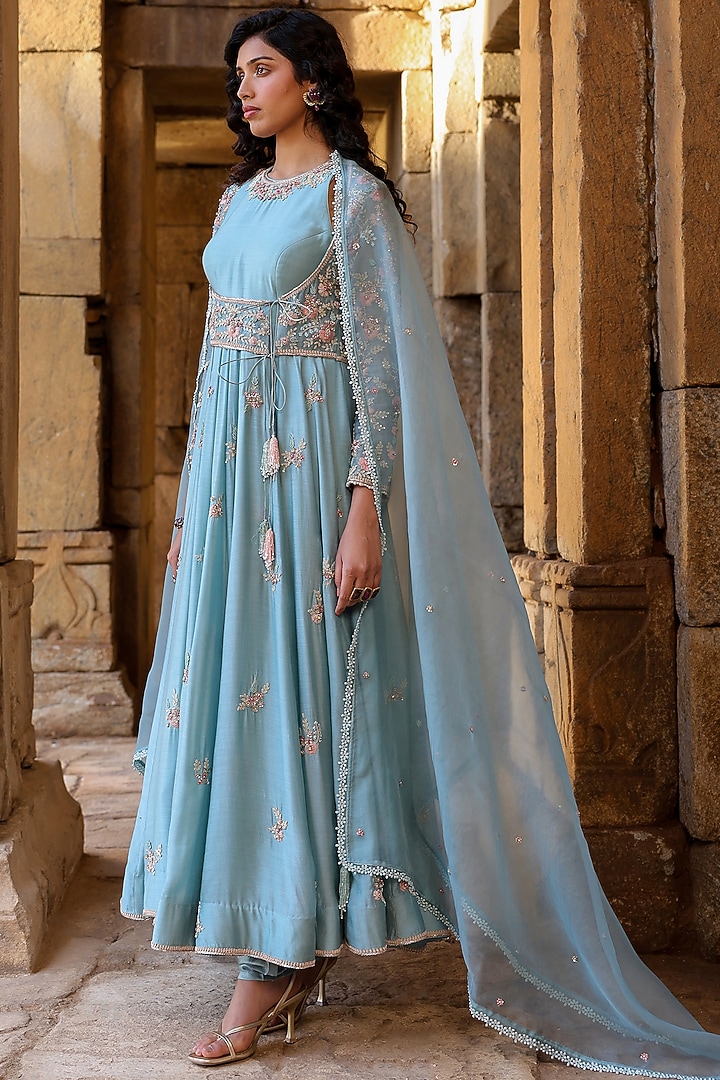 Light Blue Silk Modal Silk Zardosi Embroidered Koti Bridal Anarkali Set by Niti Bothra at Pernia's Pop Up Shop