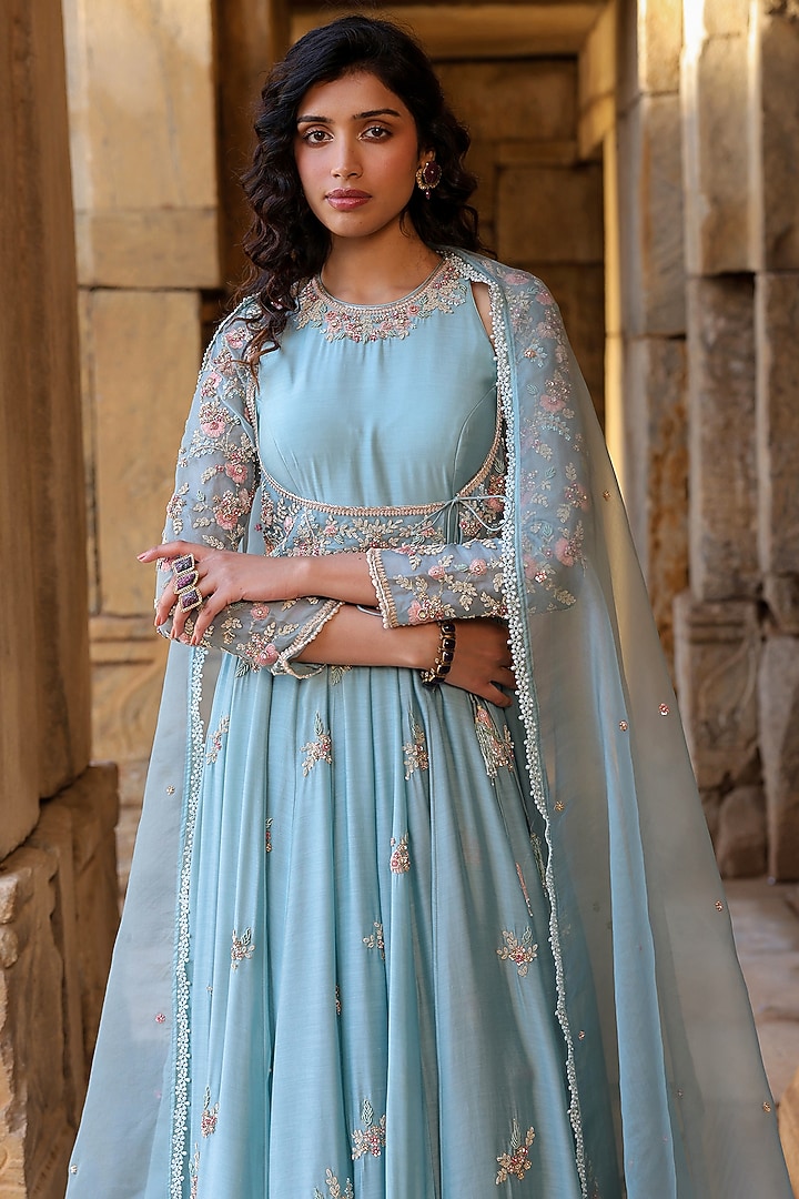 Light Blue Silk Modal Silk Zardosi Embroidered Koti Bridal Anarkali Set by Niti Bothra at Pernia's Pop Up Shop