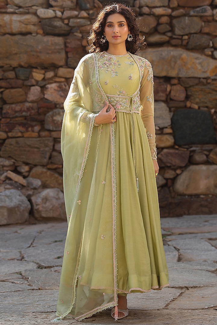 Green Silk Modal Silk Zardosi Embroidered Koti Bridal Anarkali Set by Niti Bothra at Pernia's Pop Up Shop