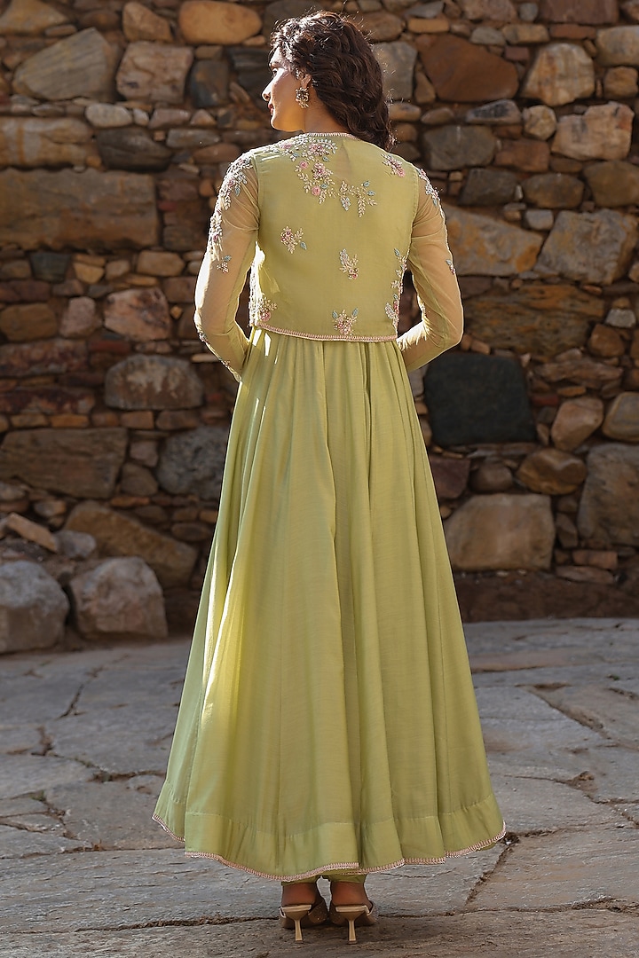 Green Silk Modal Silk Zardosi Embroidered Koti Bridal Anarkali Set by Niti Bothra at Pernia's Pop Up Shop