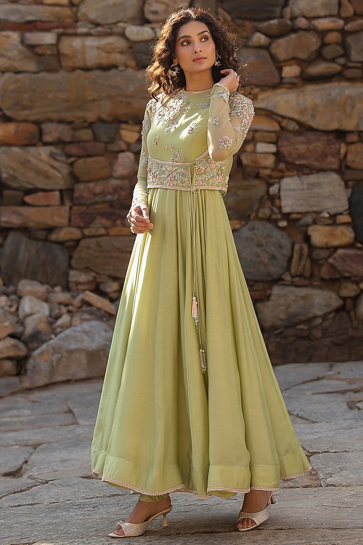 Green Silk Modal Silk Zardosi Embroidered Koti Bridal Anarkali Set by Niti Bothra at Pernia's Pop Up Shop