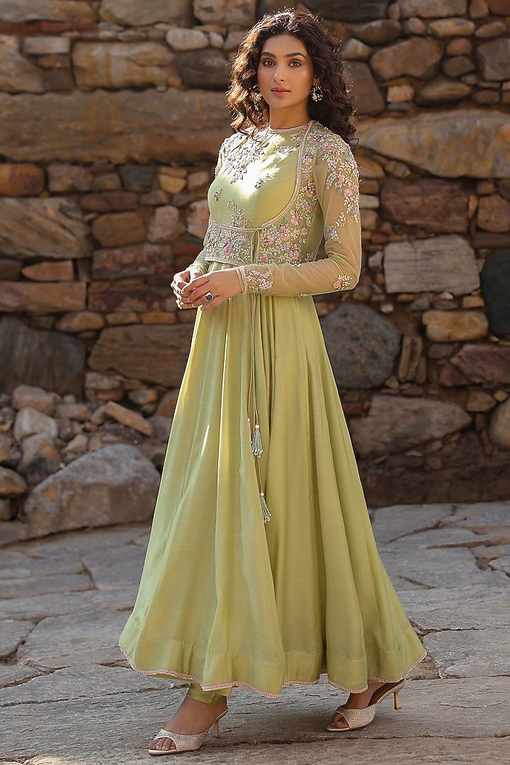 Green Silk Modal Silk Zardosi Embroidered Koti Bridal Anarkali Set by Niti Bothra at Pernia's Pop Up Shop