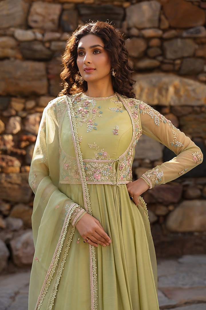 Green Silk Modal Silk Zardosi Embroidered Koti Bridal Anarkali Set by Niti Bothra at Pernia's Pop Up Shop