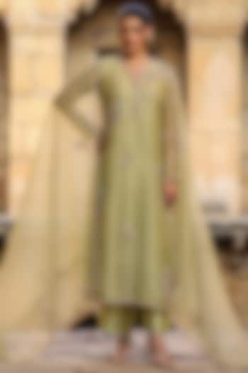 Green Organza & Silk Tencel Pearl Embroidered Kurta Set by Niti Bothra at Pernia's Pop Up Shop