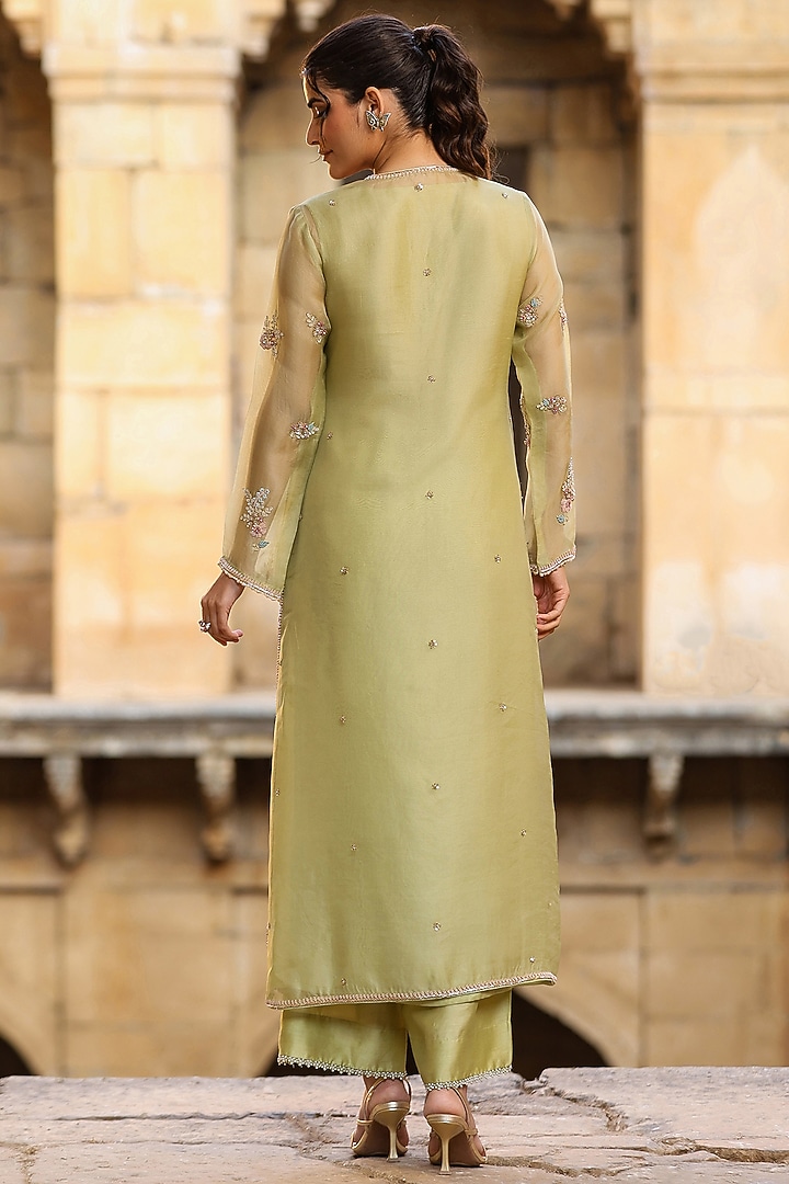 Green Organza & Silk Tencel Pearl Embroidered Kurta Set by Niti Bothra at Pernia's Pop Up Shop