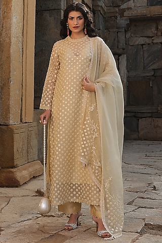 Beige Organza & Silk Tencel Pearl Embroidered Kurta Set by Niti Bothra
