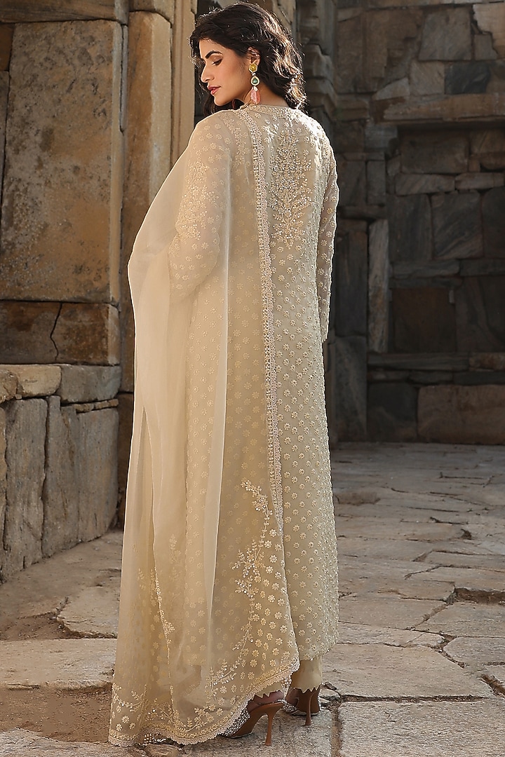 Beige Organza & Silk Tencel Pearl Embroidered Kurta Set by Niti Bothra at Pernia's Pop Up Shop