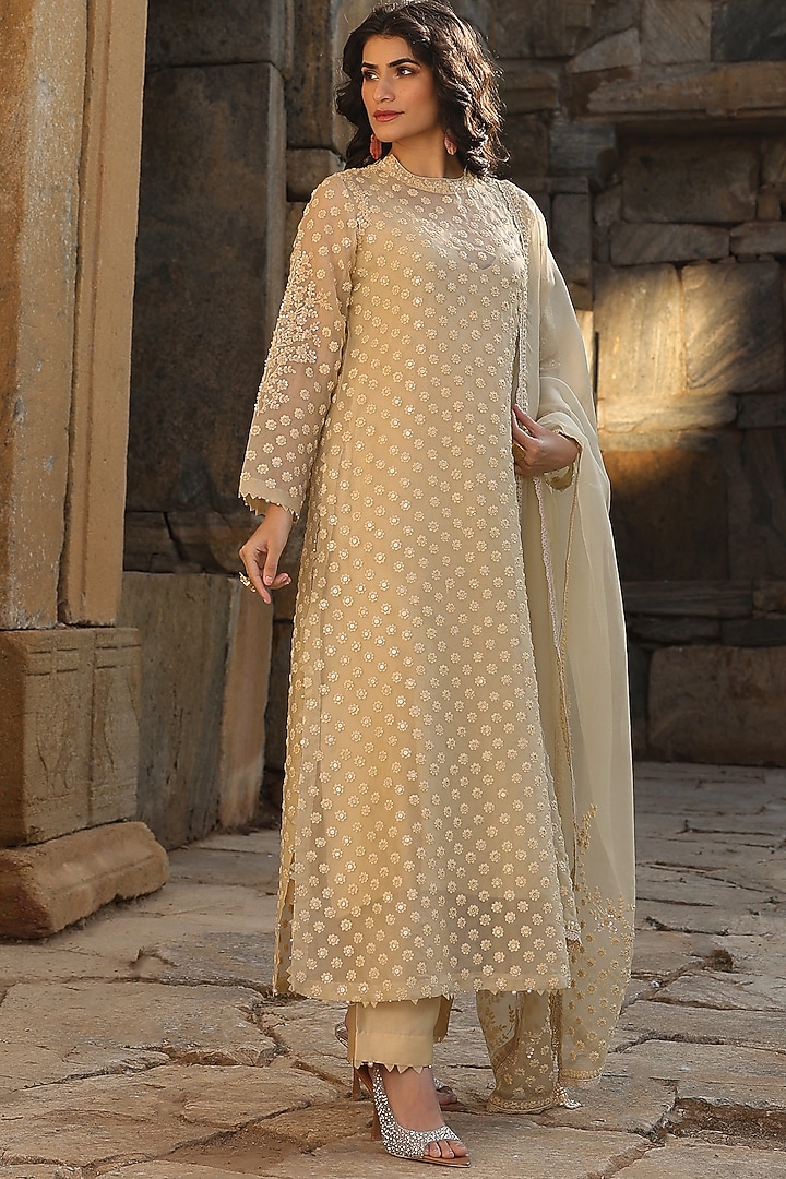 Beige Organza & Silk Tencel Pearl Embroidered Kurta Set by Niti Bothra at Pernia's Pop Up Shop