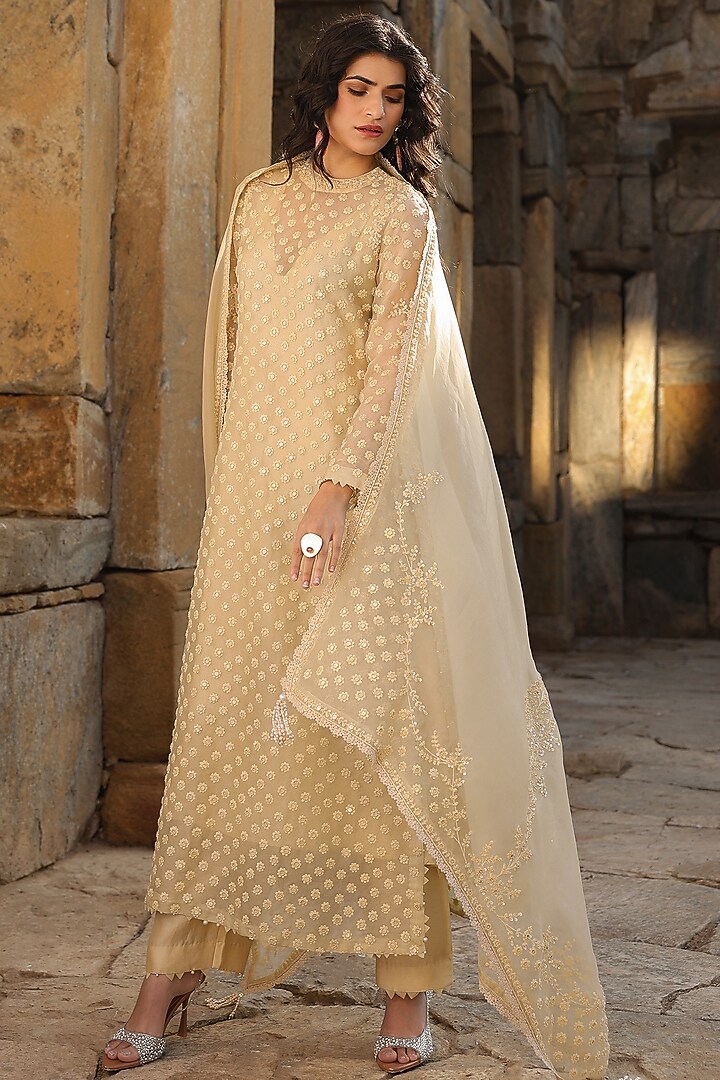 Beige Organza & Silk Tencel Pearl Embroidered Kurta Set by Niti Bothra at Pernia's Pop Up Shop