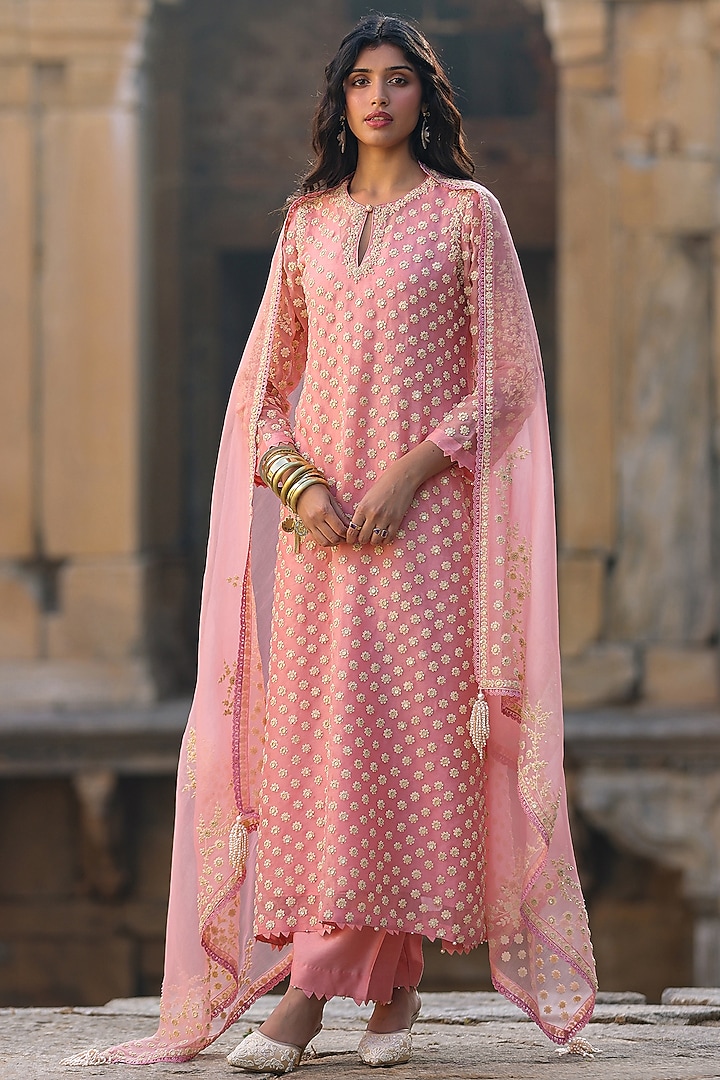Pink Organza & Silk Tencel Pearl Embroidered Kurta Set by Niti Bothra at Pernia's Pop Up Shop