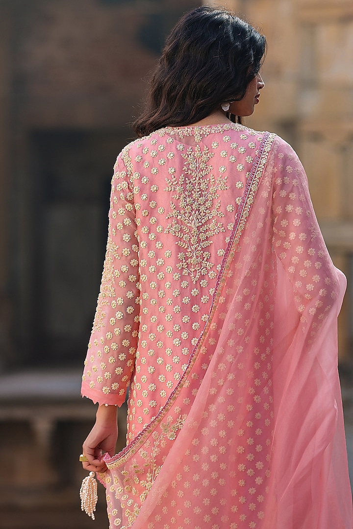 Pink Organza & Silk Tencel Pearl Embroidered Kurta Set by Niti Bothra at Pernia's Pop Up Shop