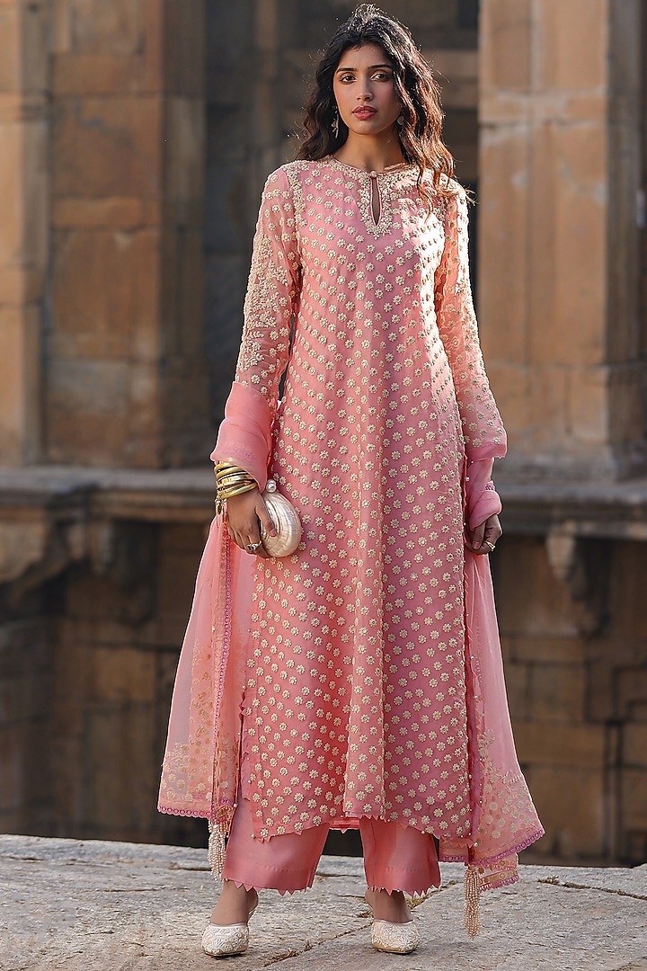Pink Organza & Silk Tencel Pearl Embroidered Kurta Set by Niti Bothra at Pernia's Pop Up Shop
