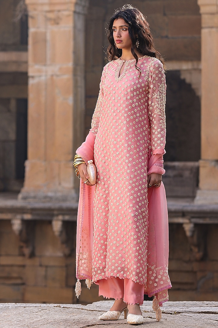 Pink Organza & Silk Tencel Pearl Embroidered Kurta Set by Niti Bothra at Pernia's Pop Up Shop