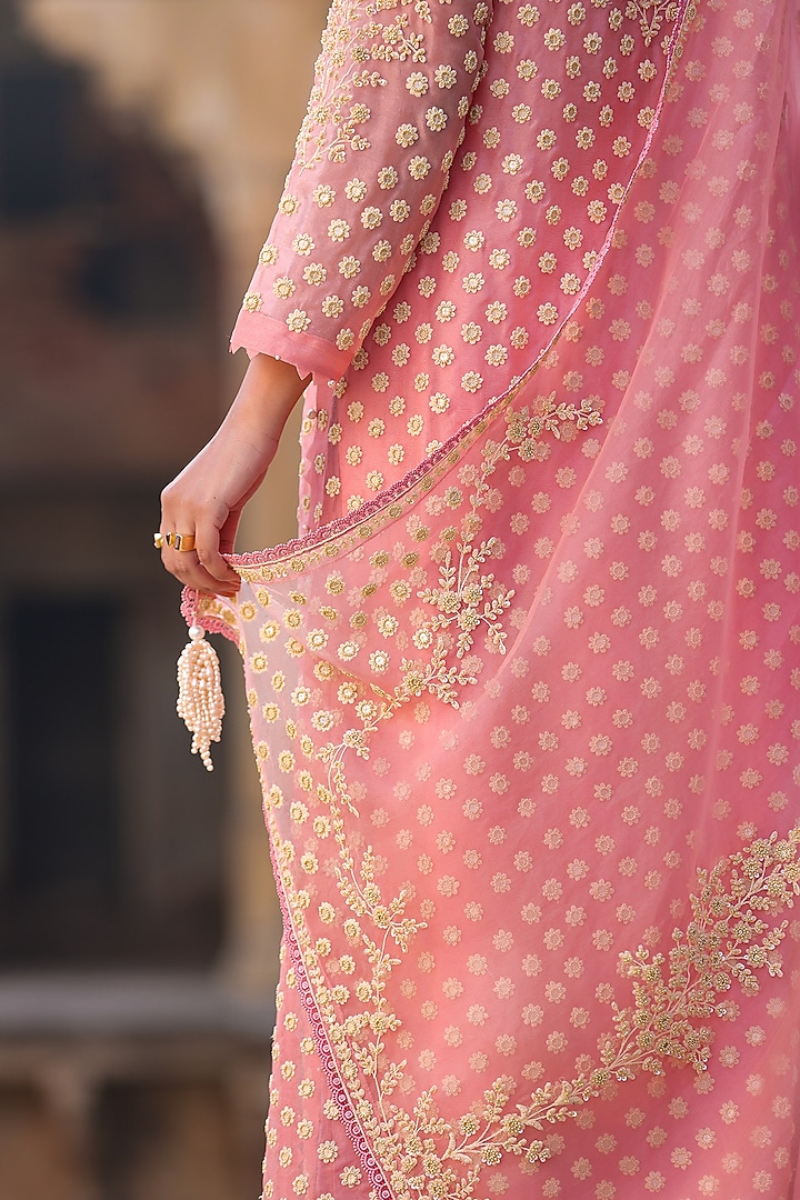 Pink Organza & Silk Tencel Pearl Embroidered Kurta Set by Niti Bothra at Pernia's Pop Up Shop