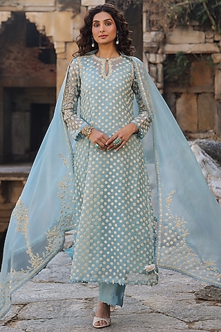 Light Blue Organza & Silk Tencel Pearl Embroidered Kurta Set by Niti Bothra