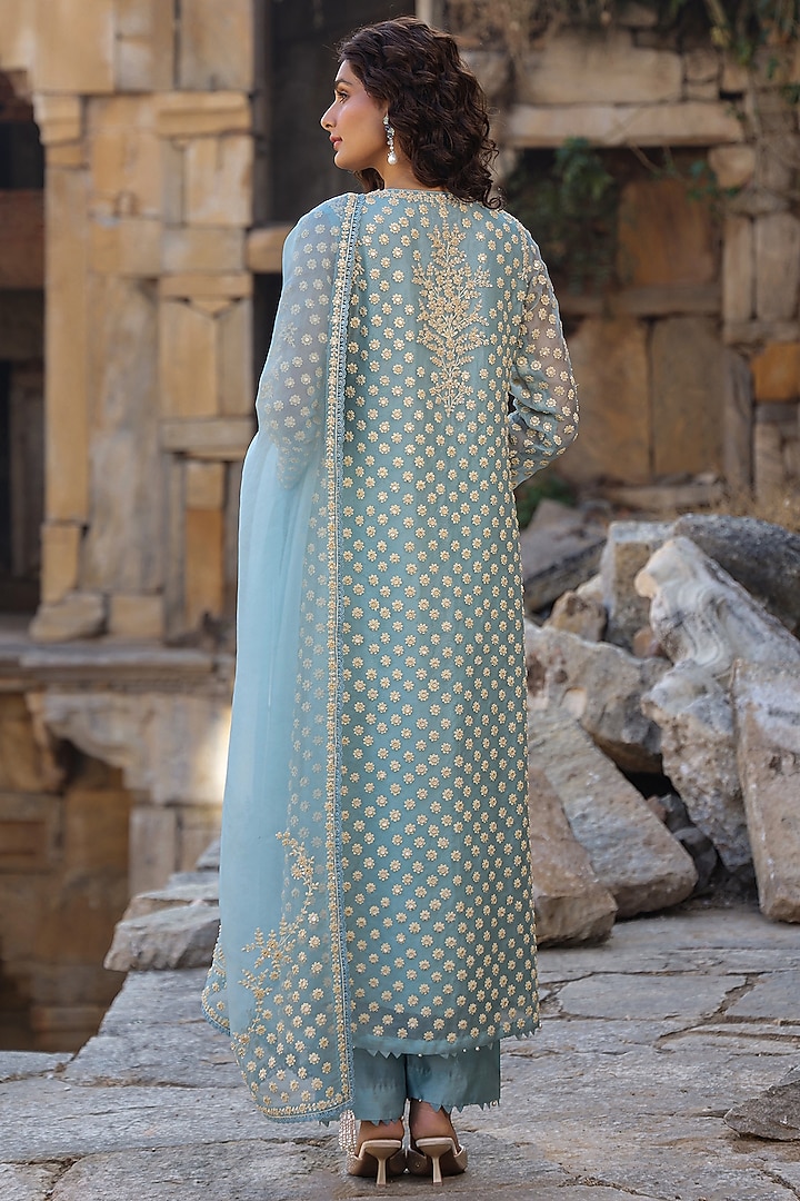 Light Blue Organza & Silk Tencel Pearl Embroidered Kurta Set by Niti Bothra at Pernia's Pop Up Shop